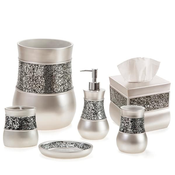 Creative Scents Crackled Glass Silver Bathroom Accessories Set of 6 6 Piece Bed Bath